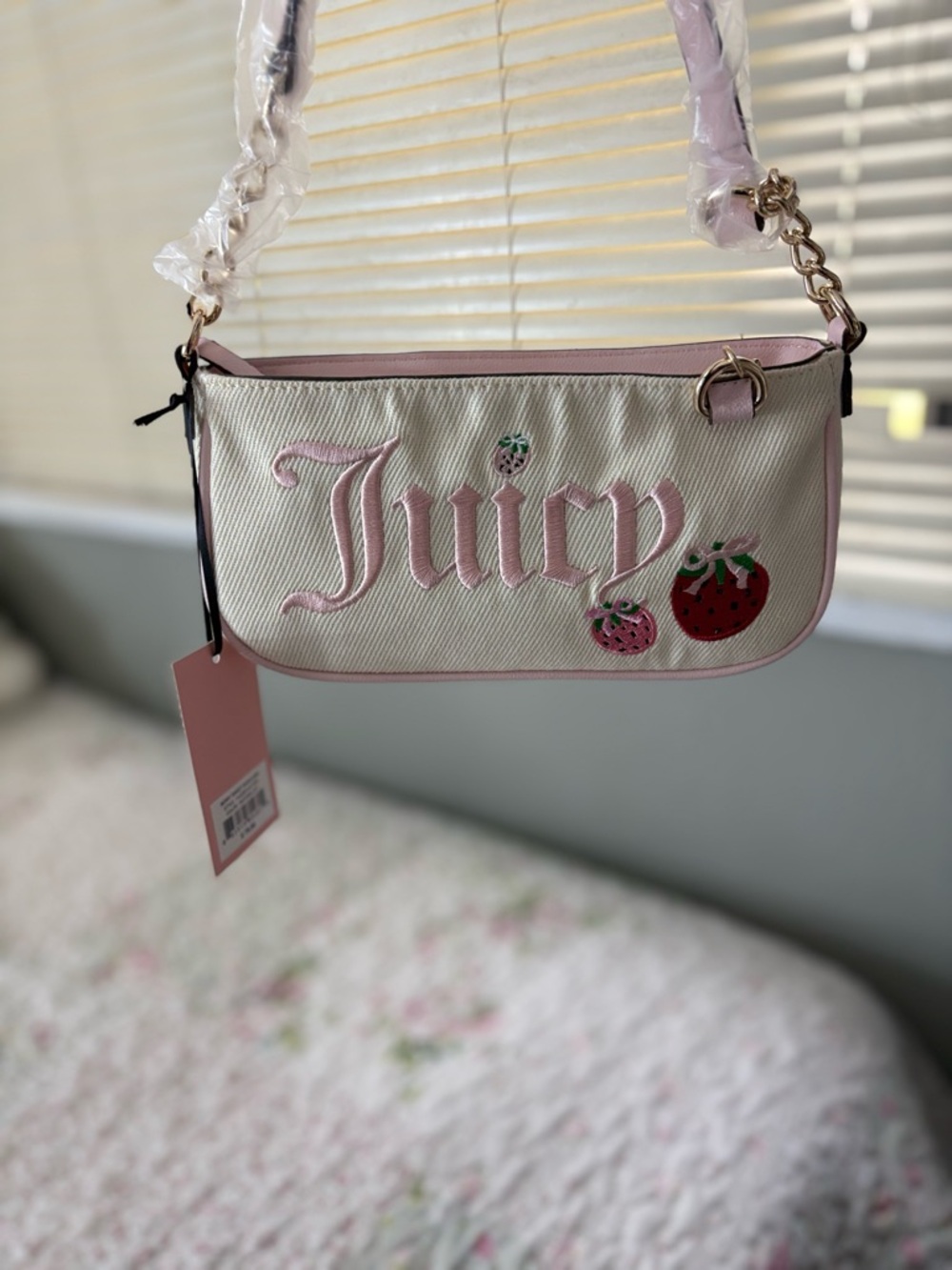 Juicy Couture Cream Straw Shoulder Bag with Pink Trim & Strawberry Patches